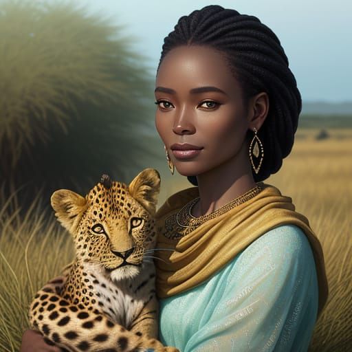 Radiant African Woman in Serengeti Landscape with Leopard an...