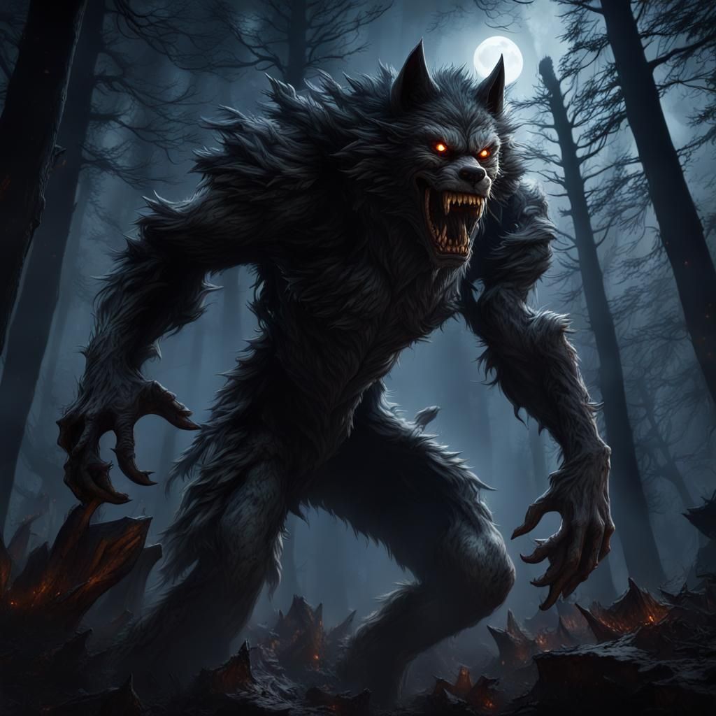 Werewolf in Dark Forest: Fantasy Concept Art