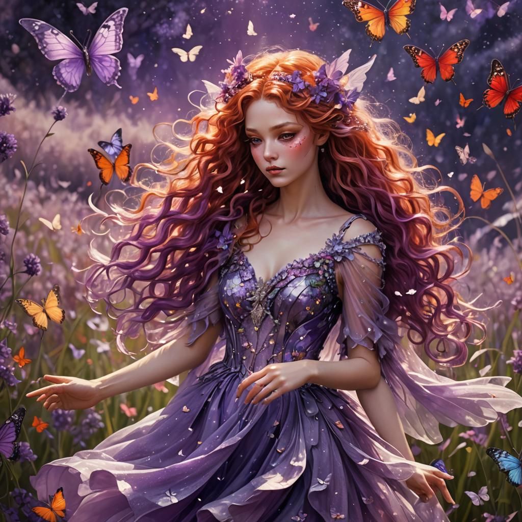 Glittering Lilac Fairy in Flowery Field
