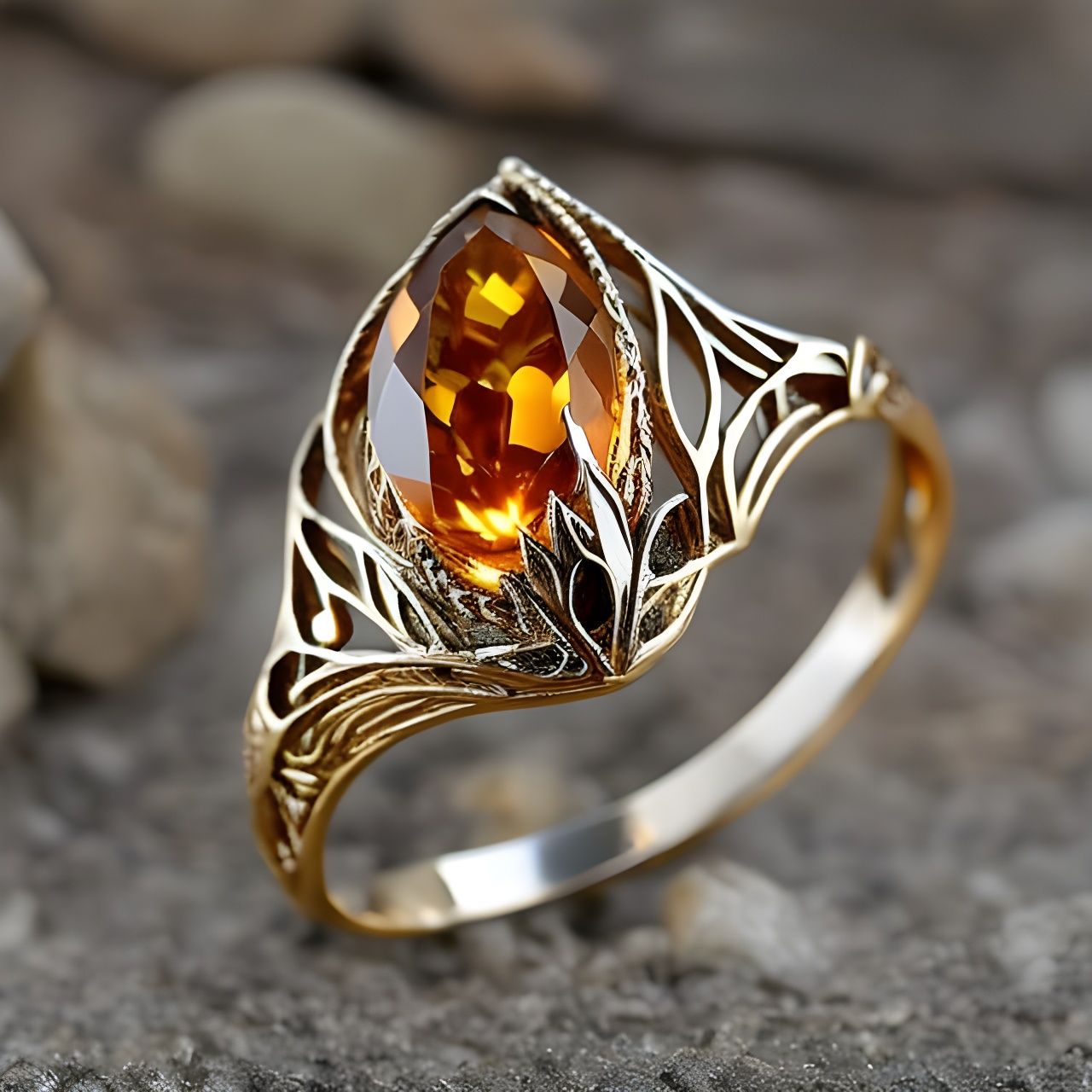 Luminous Jeweled Elven Ring with Amber, Macro Photography