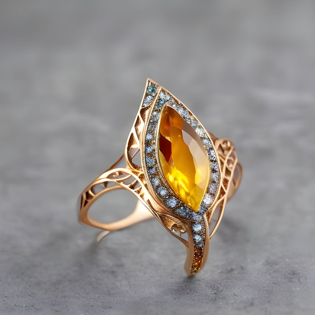 Ornate Elven Ring with Amber Gemstone, Macro Photography