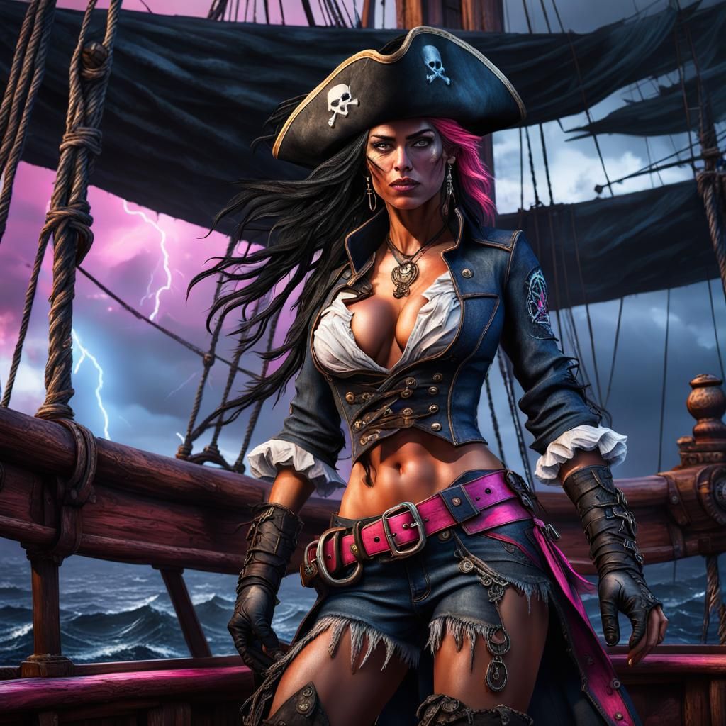 Buff Female Pirate in Neon Storm: Anime Style