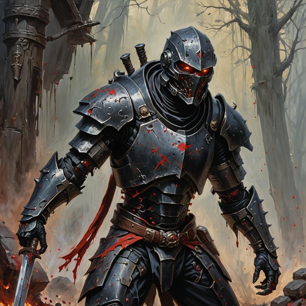 Warforged Assassin in Black Armor Oil Painting