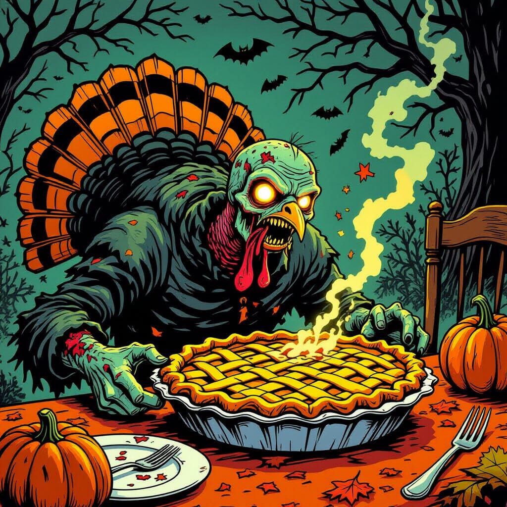 Zombie Turkey Serves Pie in Comic Book Style