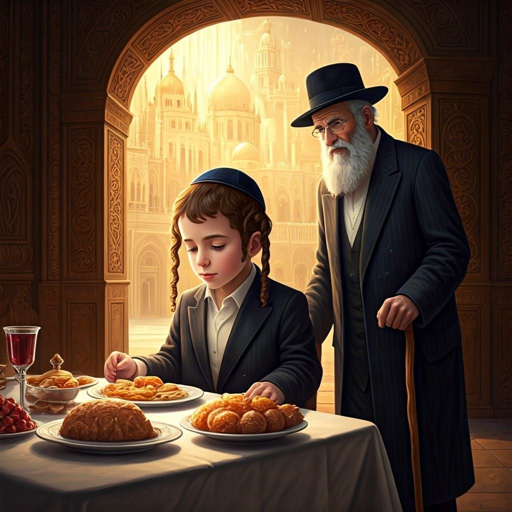 Orthodox Hasidic Boy Blesses Food in Temple Setting