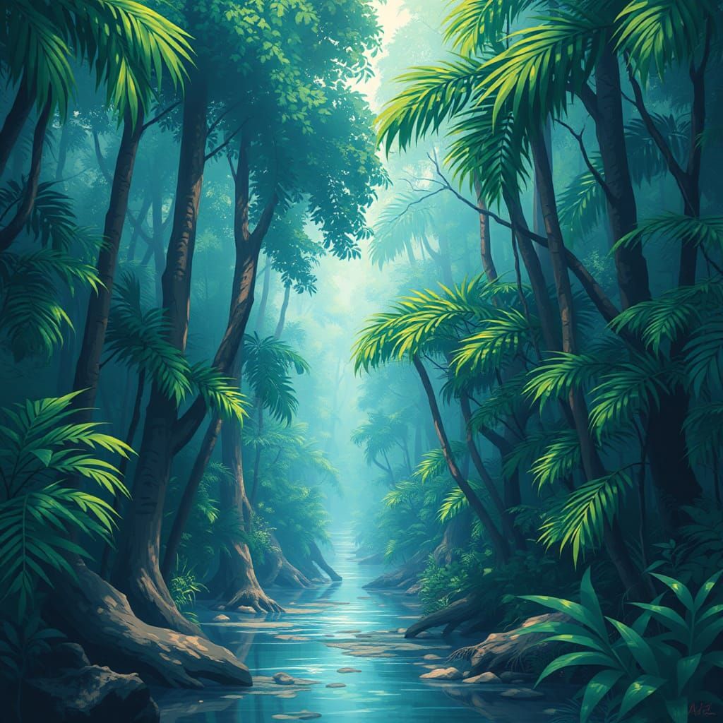 Amazon Rainforest in Painted Anime Style