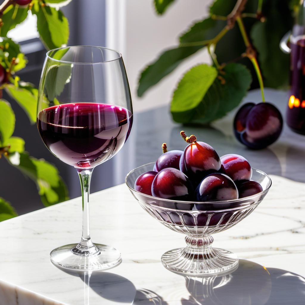 Zinfandel Wine and Plums in Bright Daylight