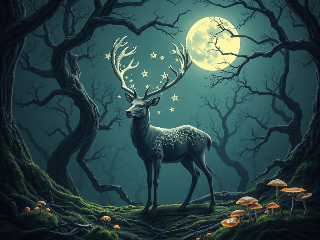 Ethereal Deer with Starlight Antlers in Dark Forest