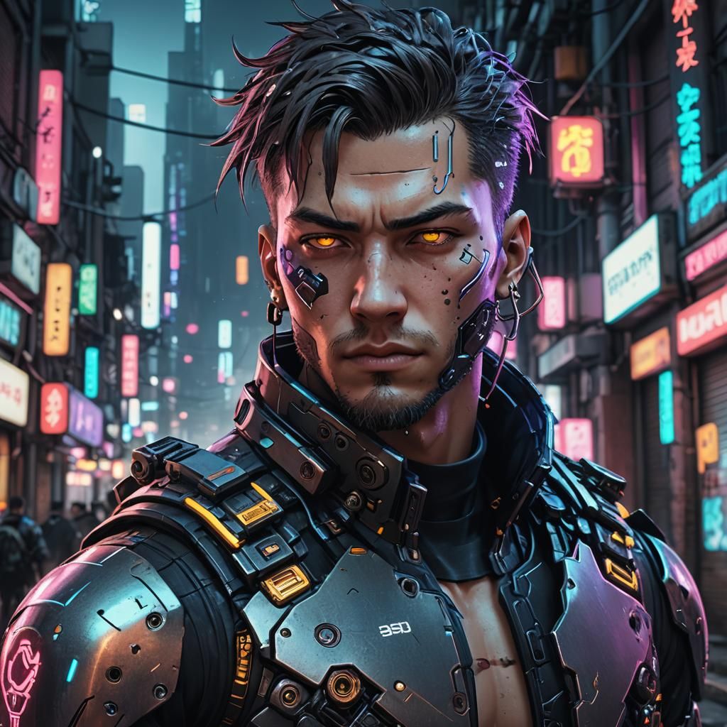 Cyberpunk Portrait of Futuristic Man in Neon Alley