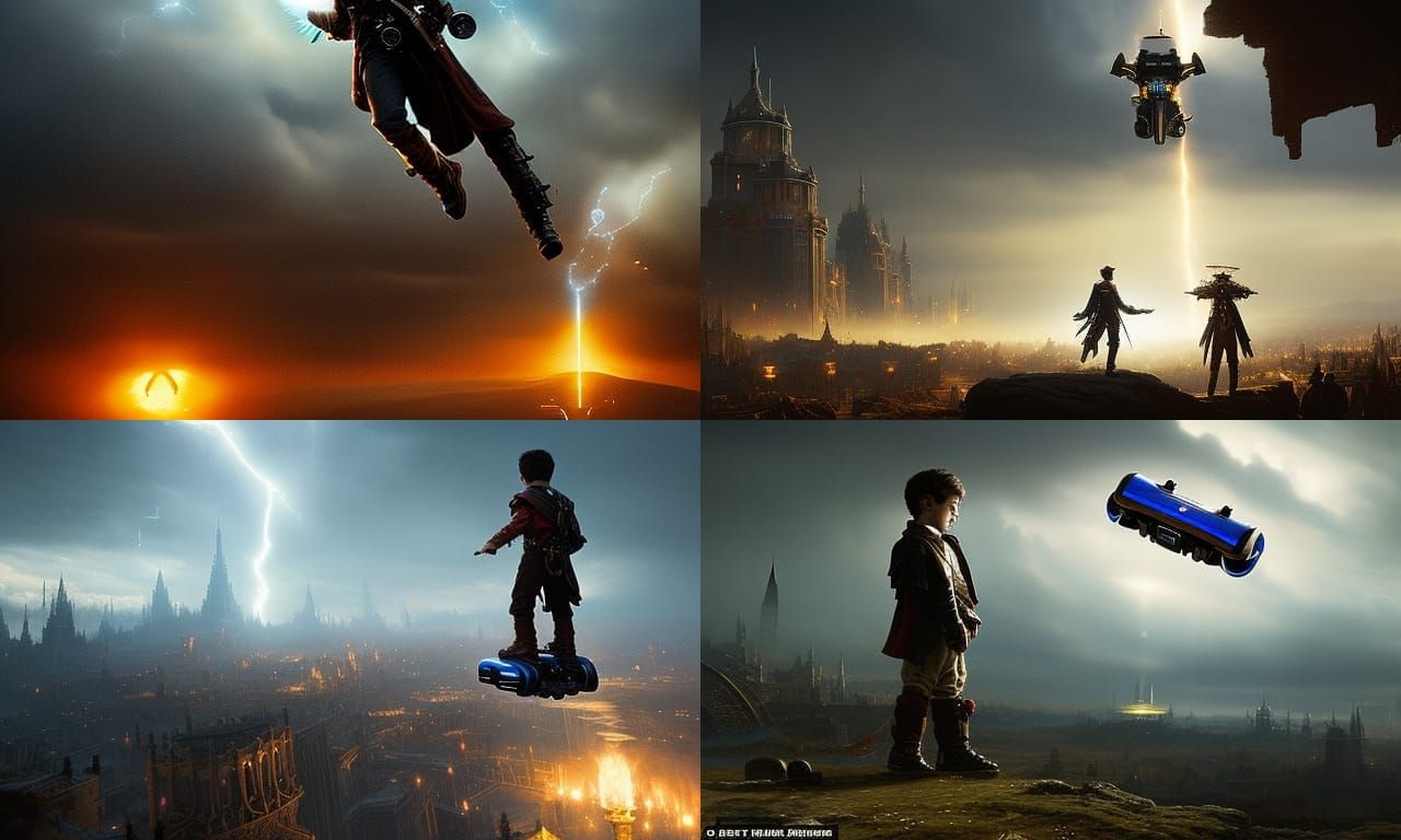 Steampunk Boy Flying Hoverboard in Clockpunk Sky