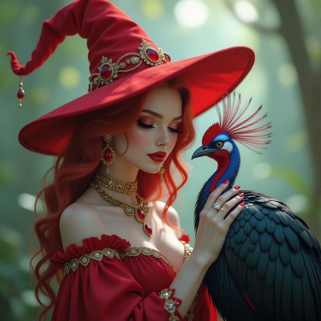 Red Witch and Cassowary in Mystical Fantasy Realm