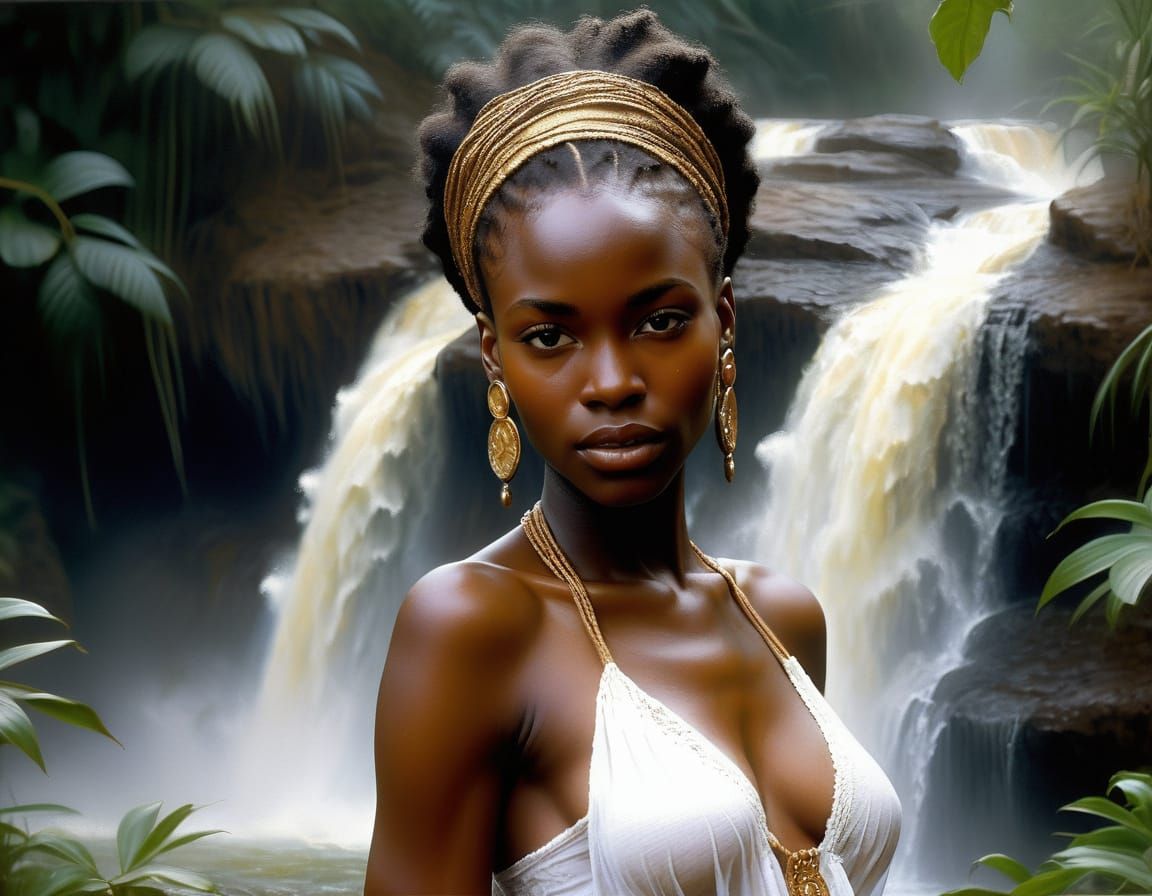 Romantic Portrait of Woman at Waterfall