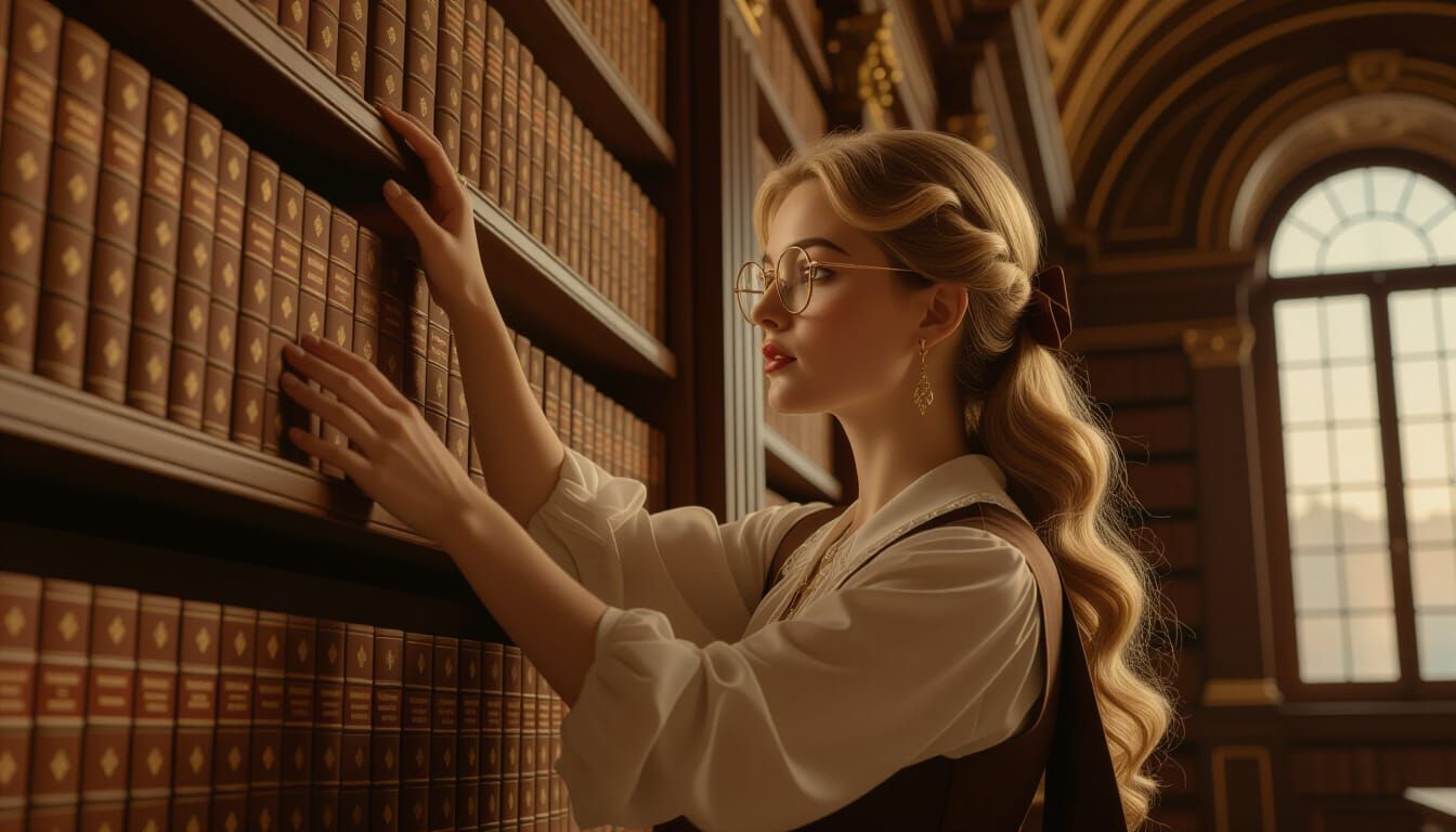 Renaissance Librarian Reaches for Book in Michelangelo Style