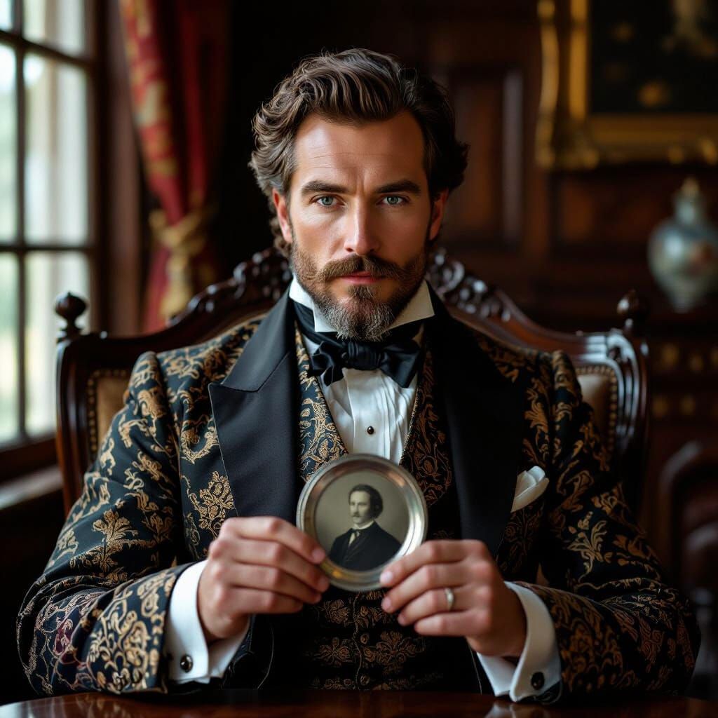 19th Century Gentleman Holding Daguerreotype in Photorealist...