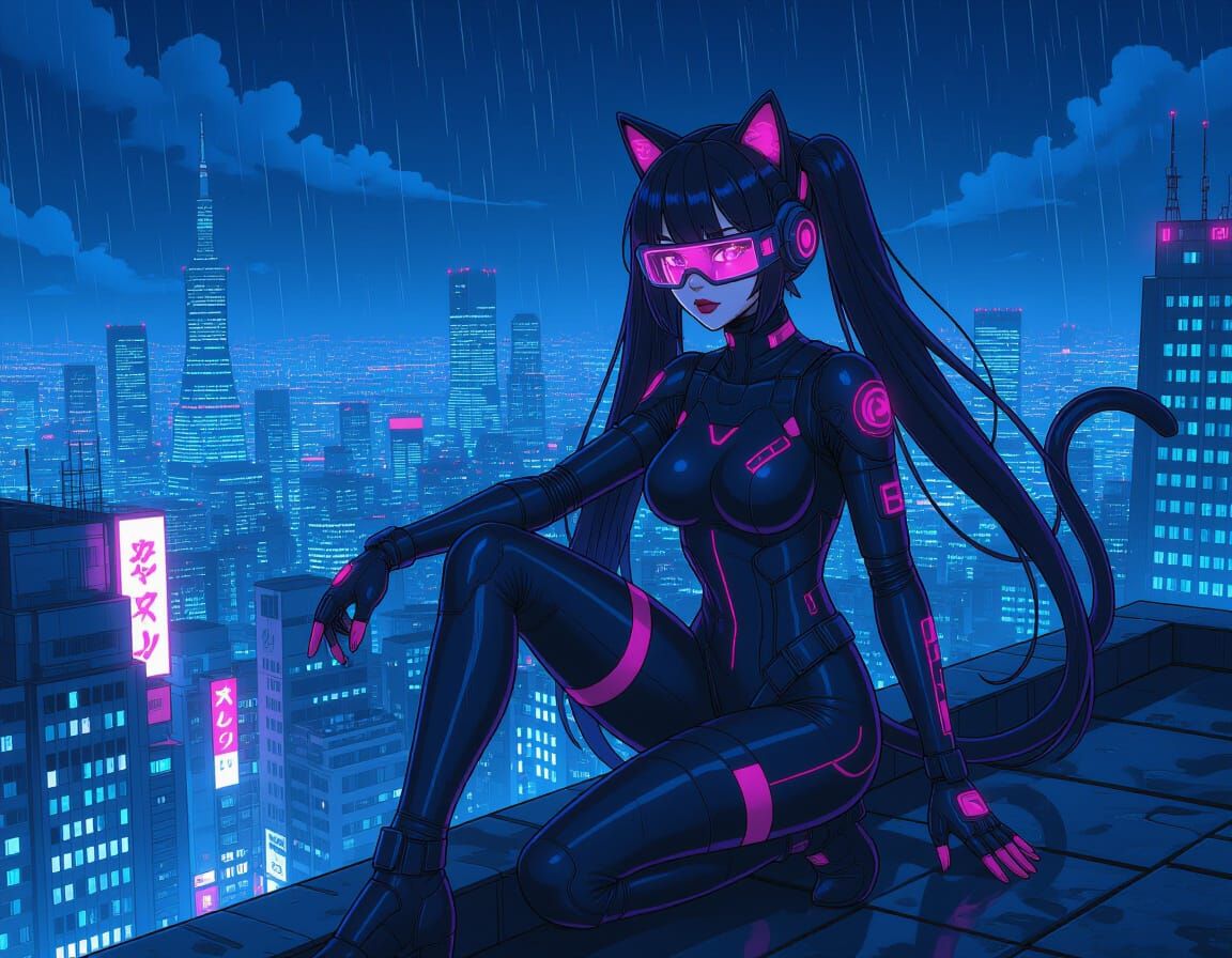 Cyberpunk Nekomusume on Tokyo Rooftop
