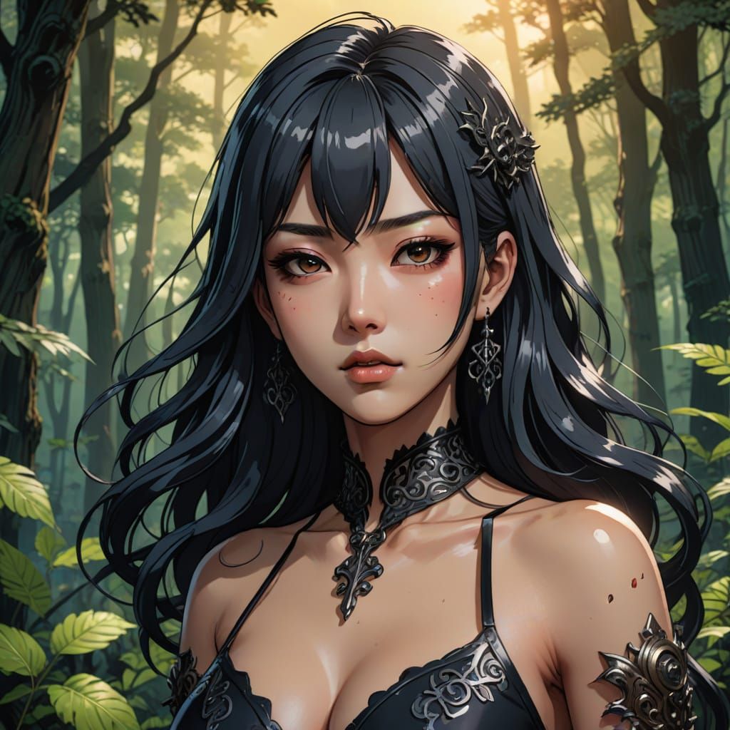 Confident Korean Goddess in Gothic Bikini Amidst Mystical Fo...