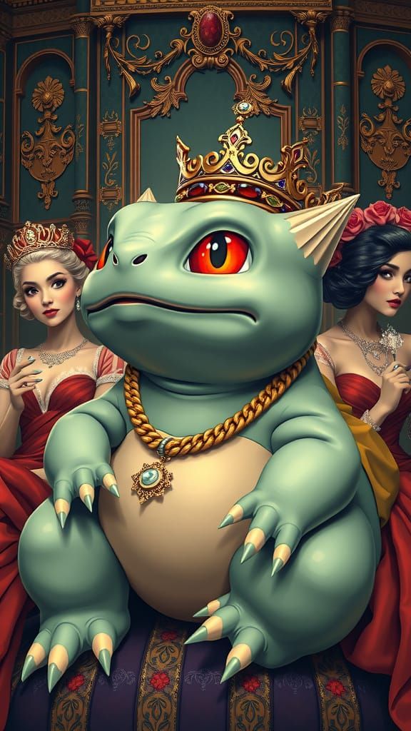 Bulbasaur wearing gold chains and diamond rings and a jewele...