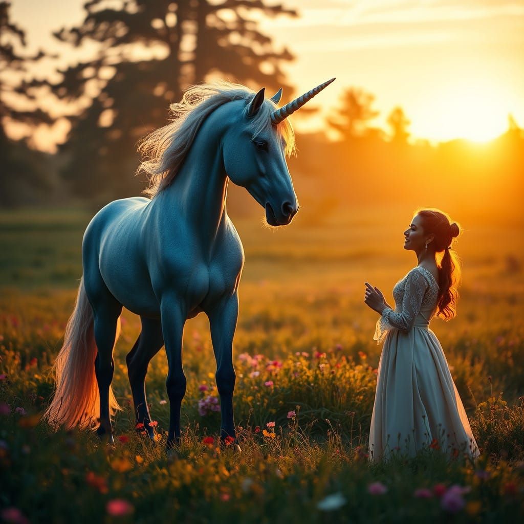 Enchanted Unicorn at Sunset in Elegant Landscape