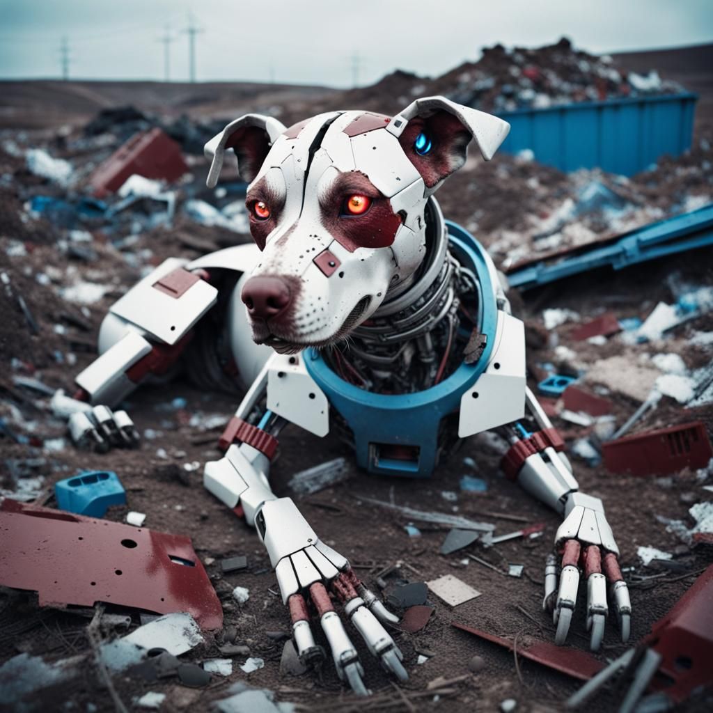 Wrecked Cyberpunk Robot Dog in Landfill