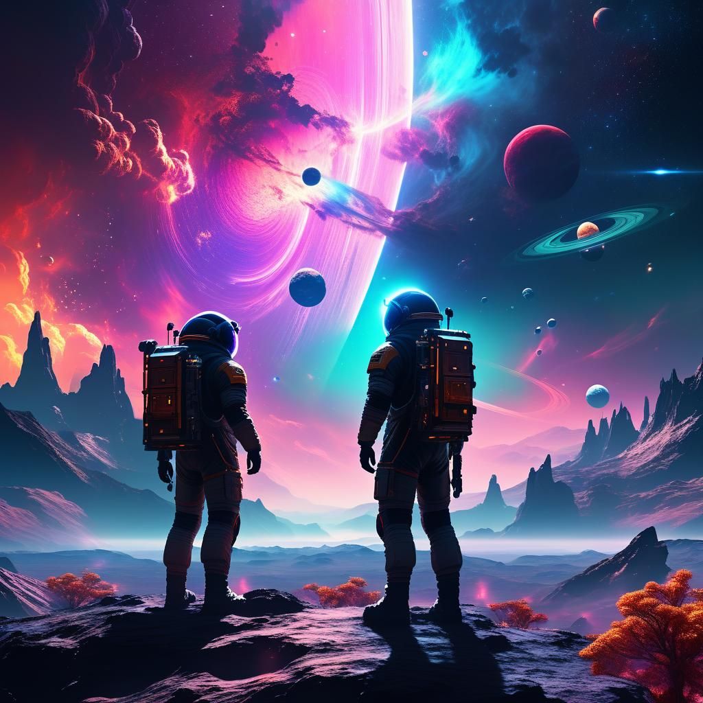 Space Explorers on Nebula Planet: Digital Art