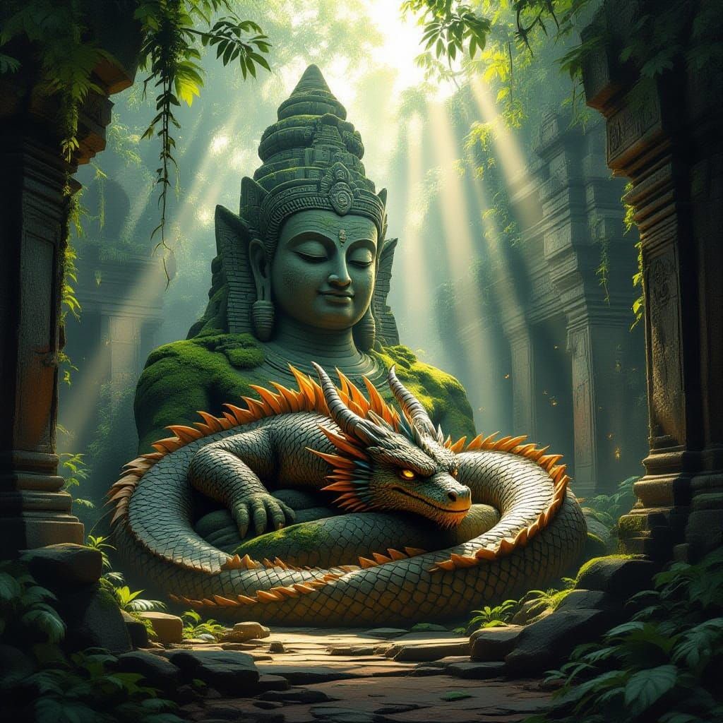 Ancient Dragon Sleeps on Mossy Statue in Jungle Temple