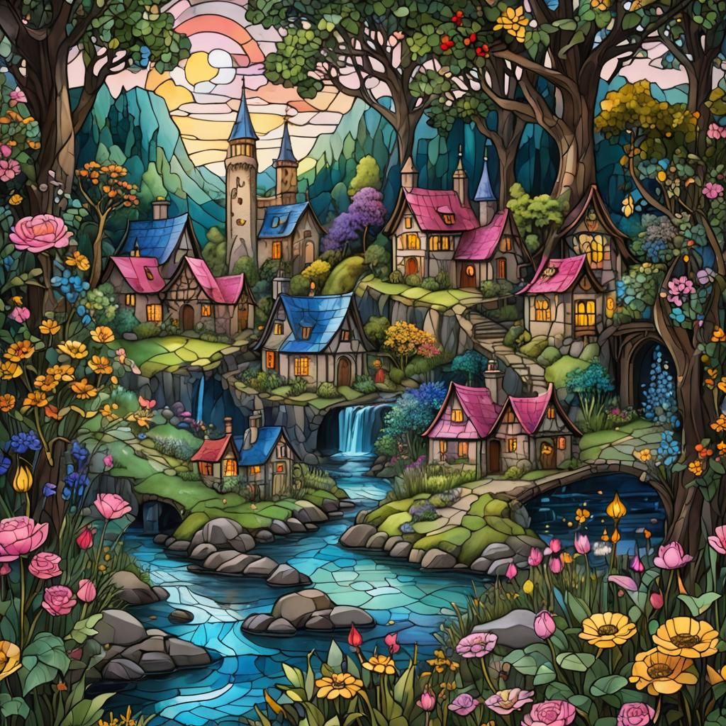 Fantasy Medieval Village in Stained Glass Style