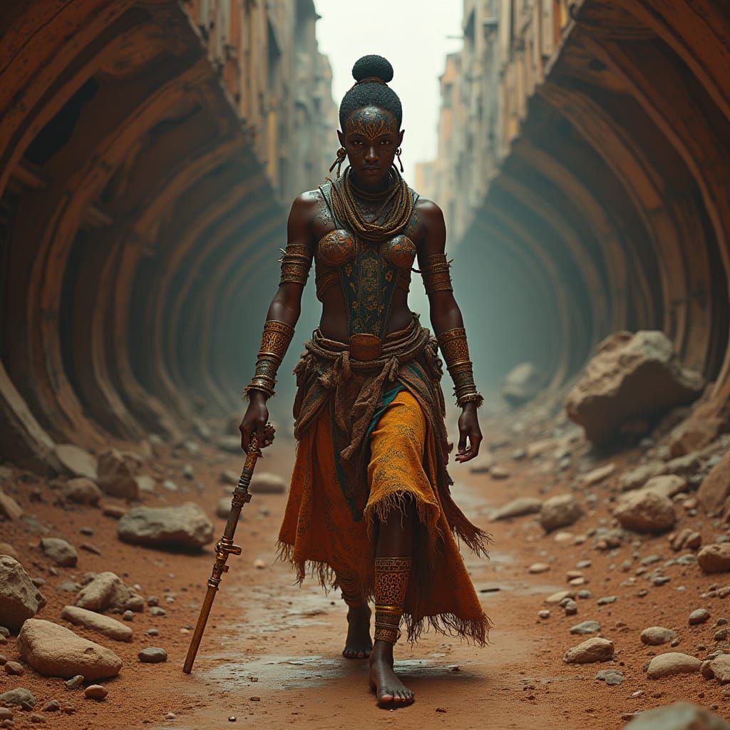 Yoruba Warrior in Derelict Martian Space Freighter