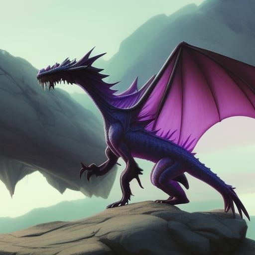 Purple Gradient Dragon on Ocean Rock: Detailed Digital Art