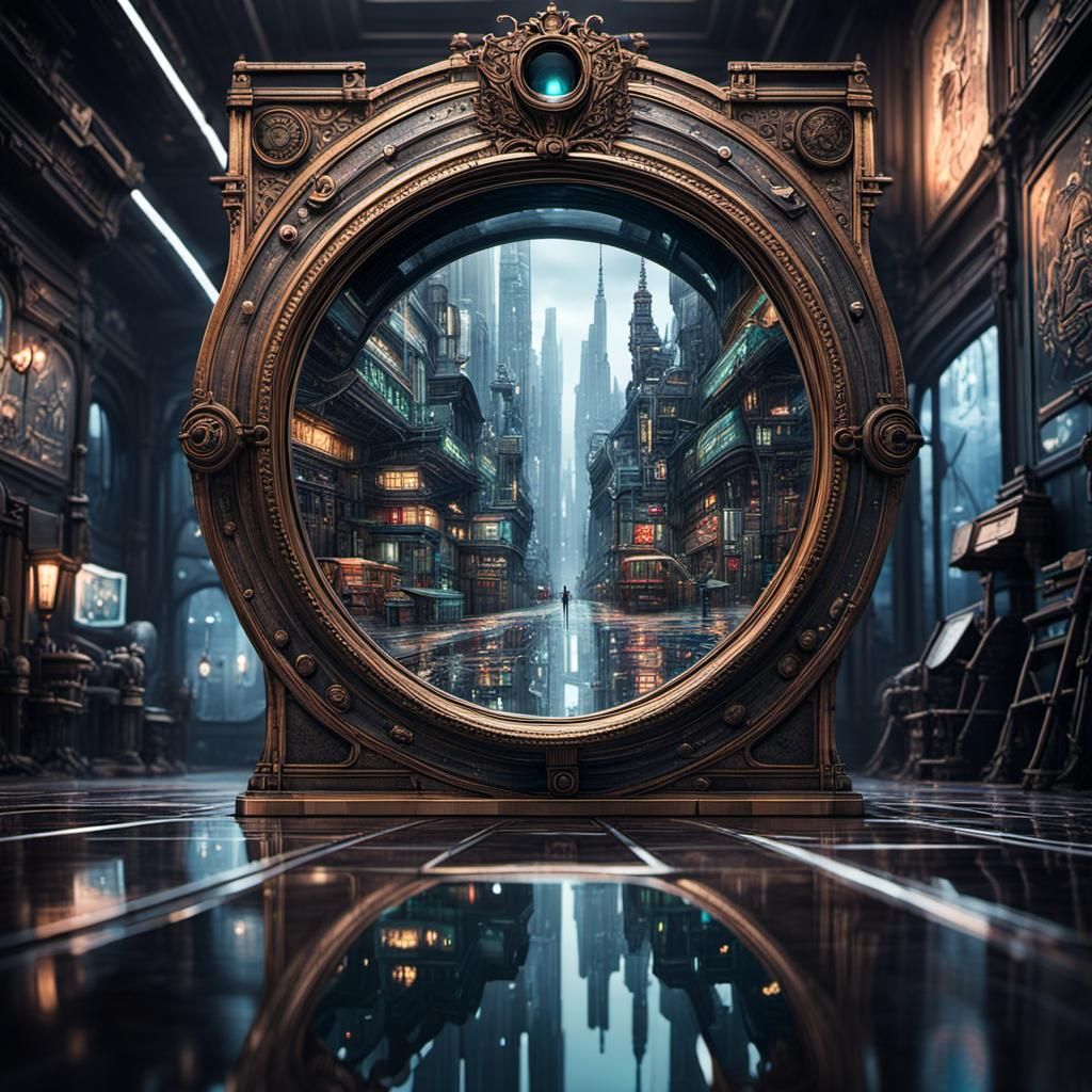 A futuristic cyberpunk world viewed in a Victorian floor mirror