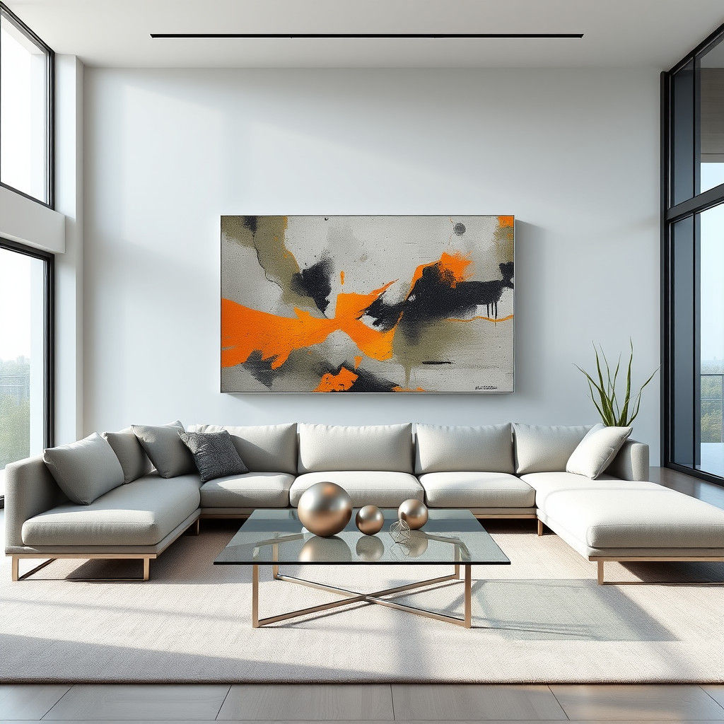 Minimalist Living Room with Abstract Painting in Matte Paint...