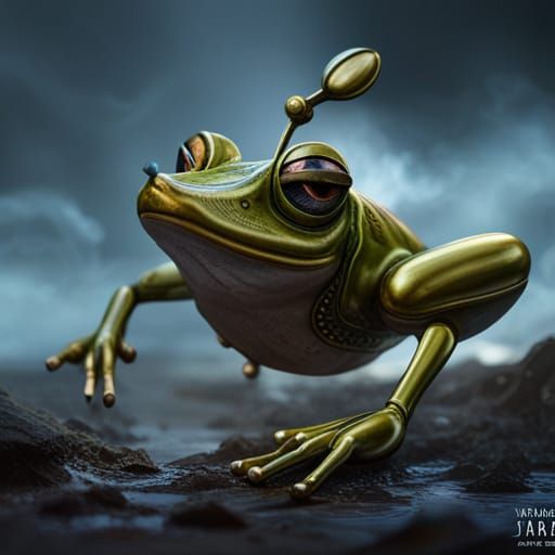 Steampunk Clockwork Frog in Flight: Detailed Matte Painting