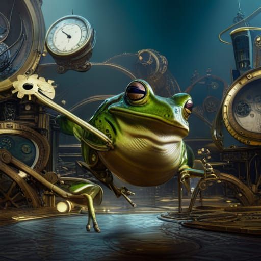 Steampunk Flying Clockwork Frog: Detailed Matte Painting