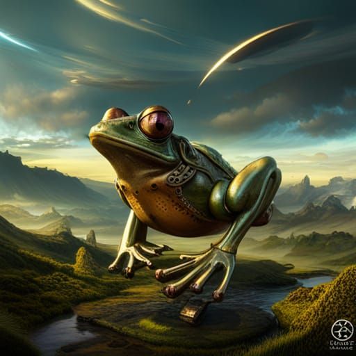 Steampunk Clockwork Frog in Flight