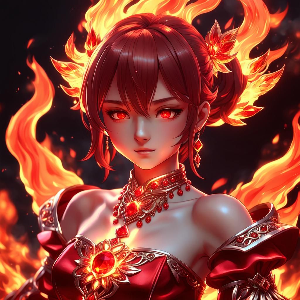 Fiery Red Jewelry in Detailed Anime Style