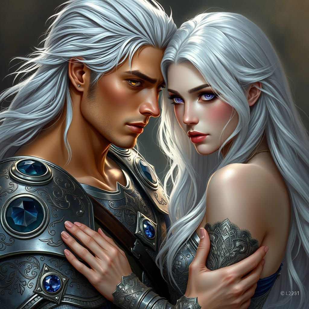 Romantic Warrior Lovers in Vibrant, Dreamlike Colors