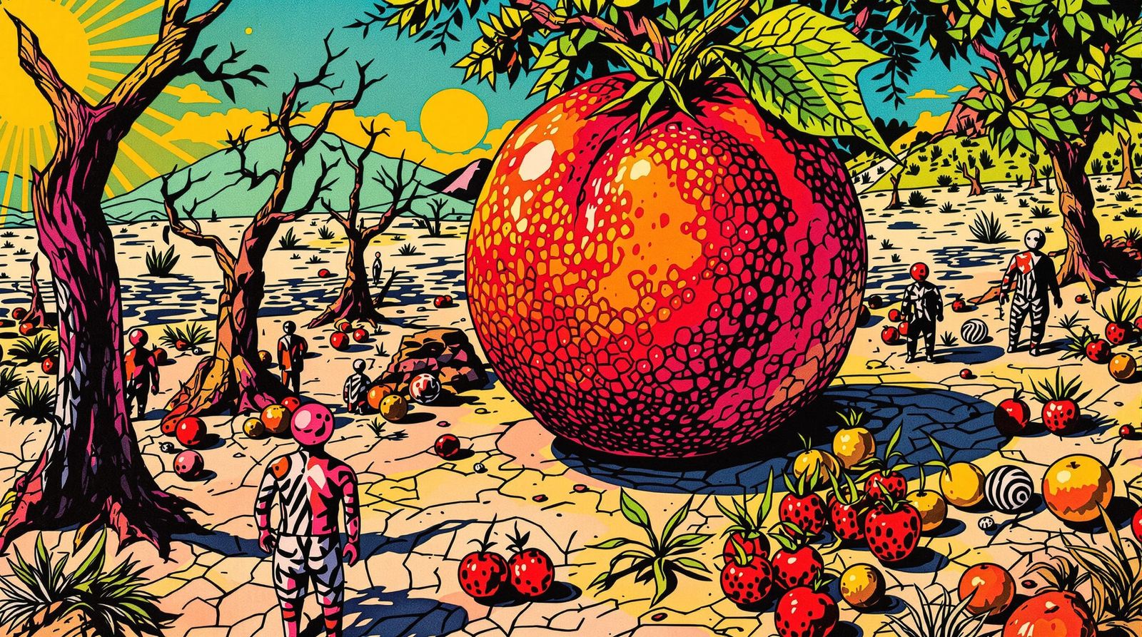 Primitive Art Scene: Juicy Fruit in Stark Landscape