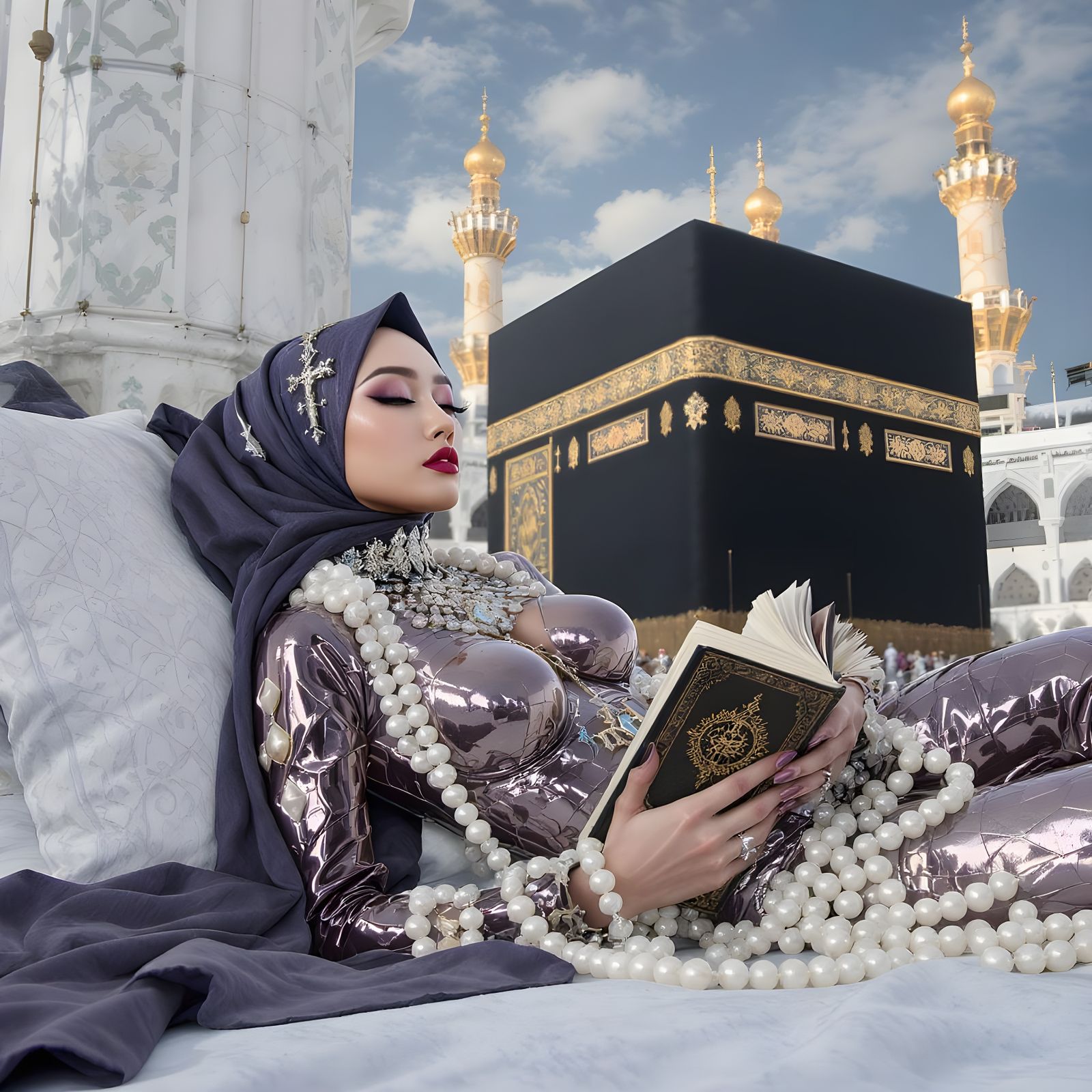 Woman with Quran in Catsuit Inspired by Murakami