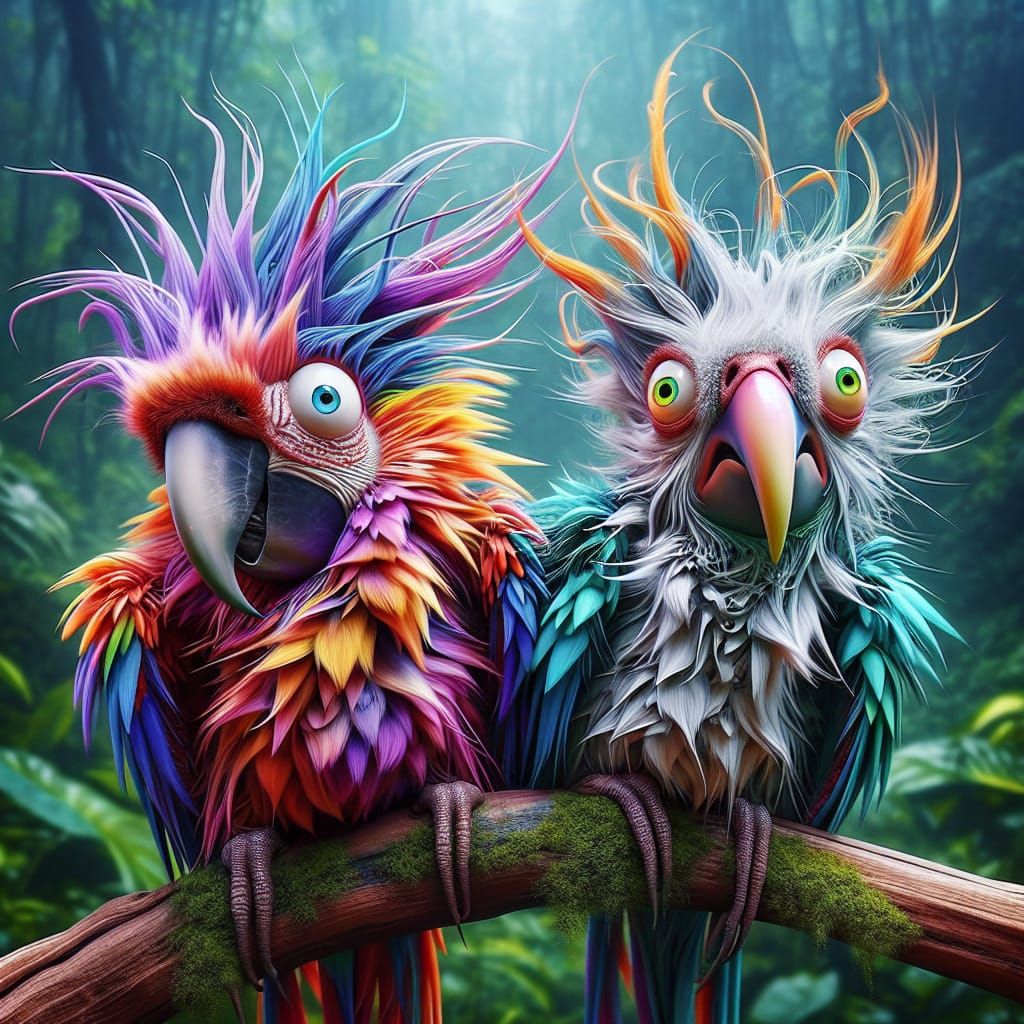 Disheveled Parrots in Surreal Abstract Airbrush Style