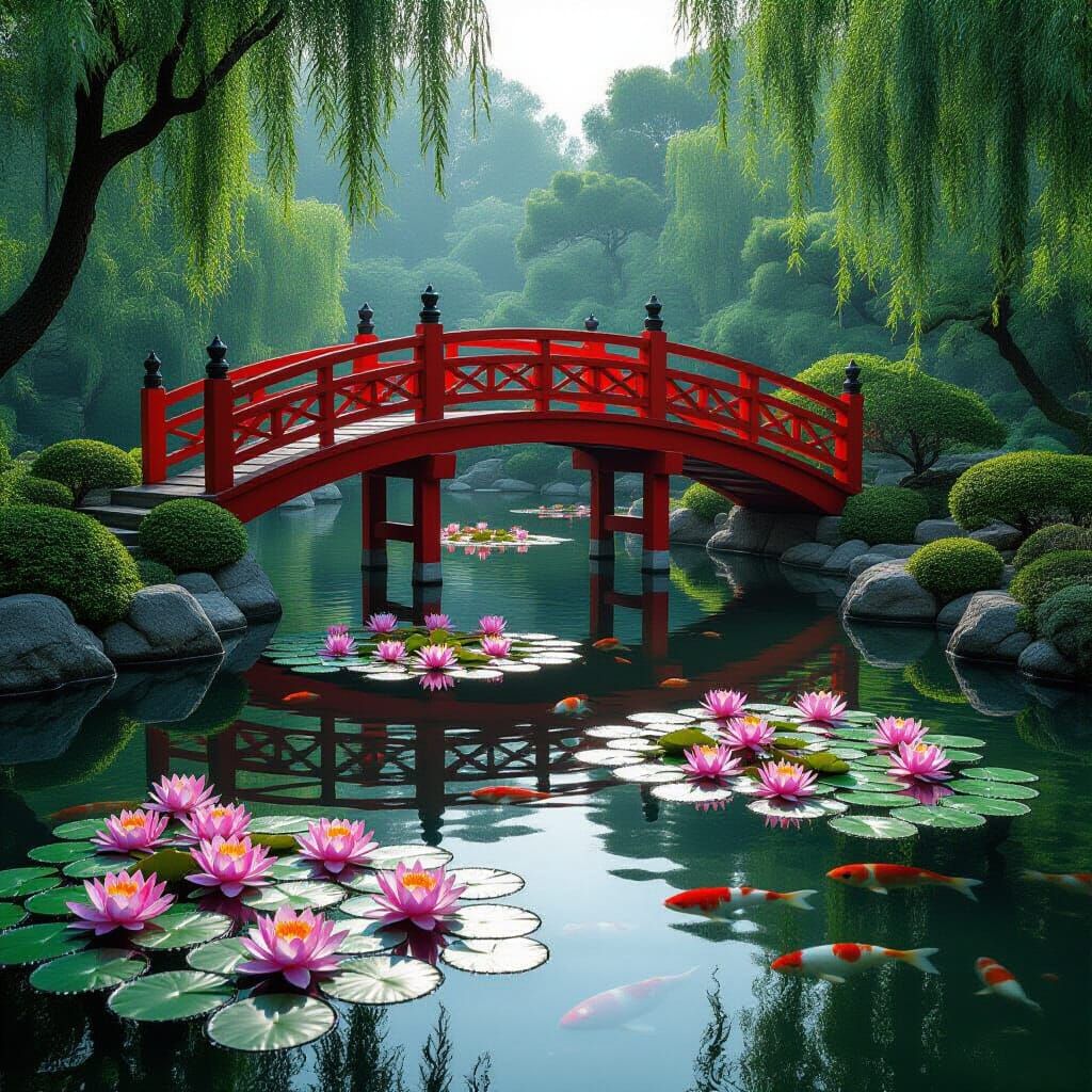 Glowing Zen Garden with Koi and Lily Pond