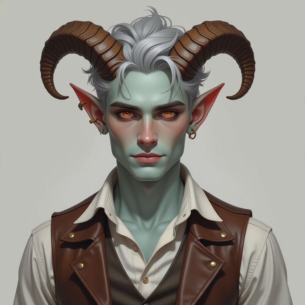 Photorealistic Tiefling Youth with Horns in Detailed Portrai...