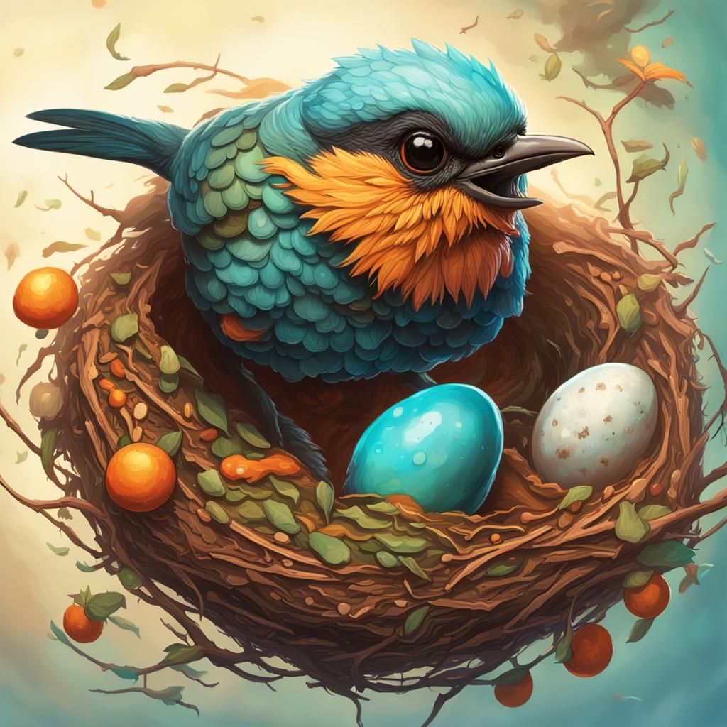 Tit Bird Feeding Young, Hyperdetailed Concept Art