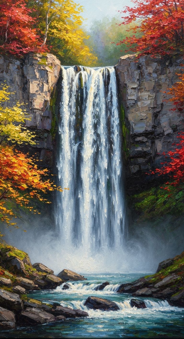 Autumn Waterfall Oil Painting with Monet's Style