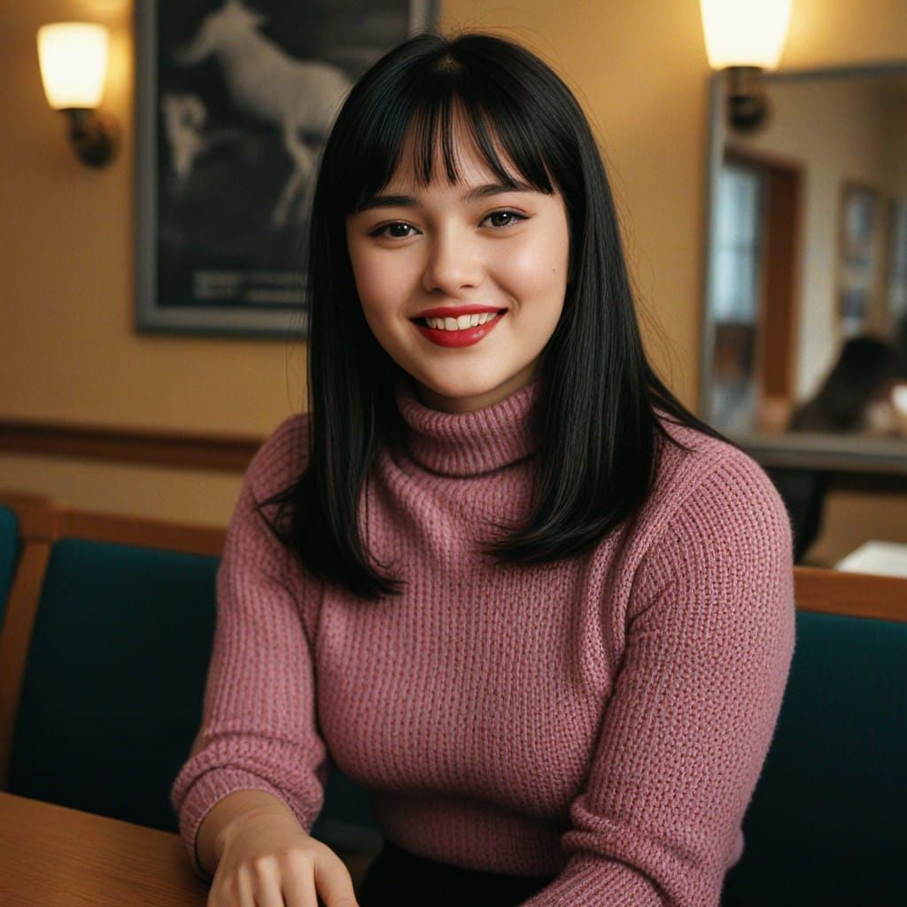 Youthful Elegance in Vibrant Red: Chubby Girl with Bangs and...