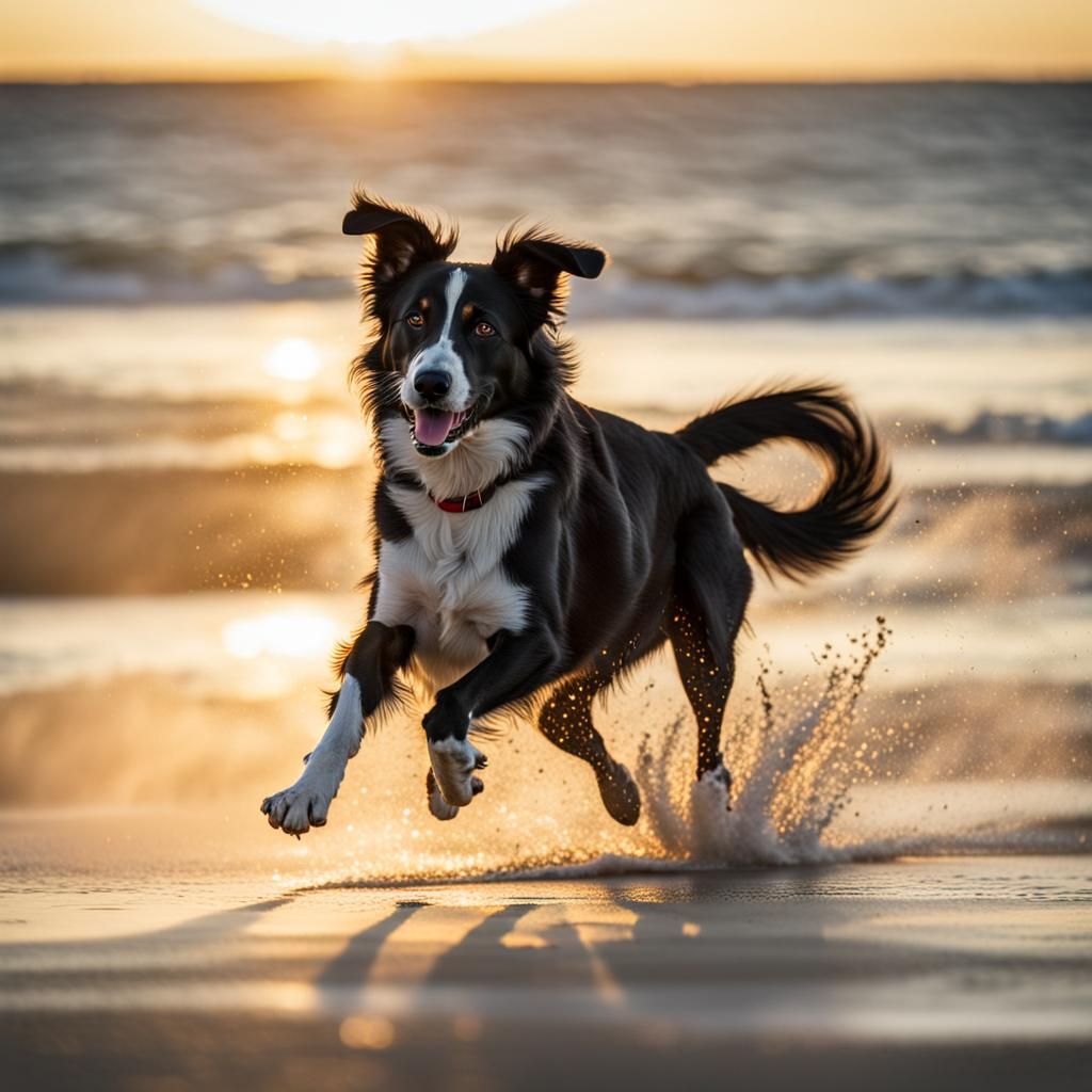 Energetic Dog Running on Sunlit Beach