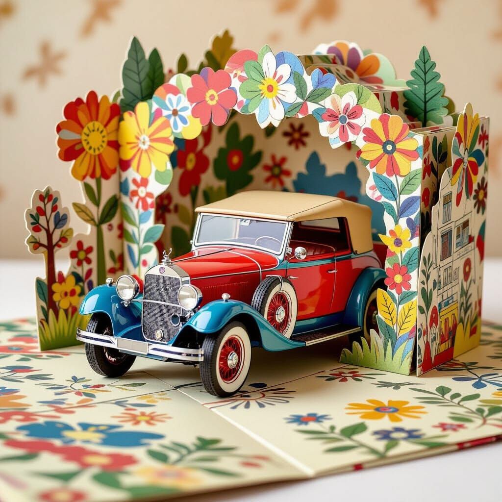 Vintage Car Emerges From Colorful Pop-Up Book