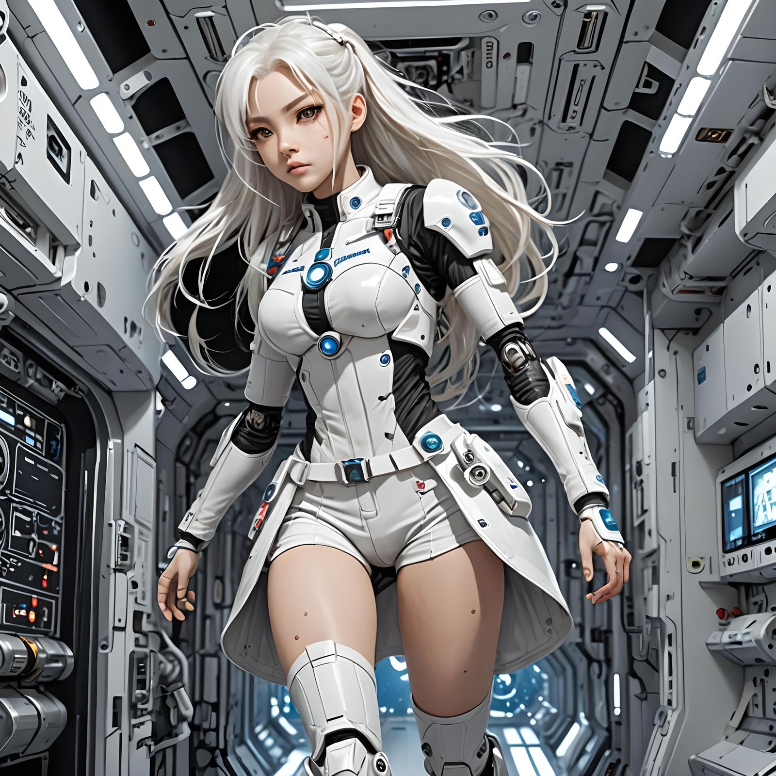 Manga Woman in Zero-G with Prosthetic Limbs