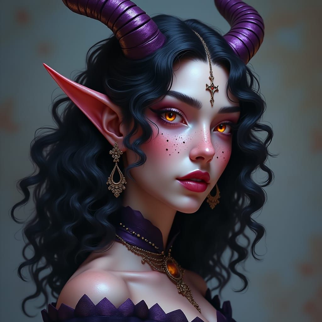 Tiefling Woman with Dark Horns in Matte Painting Style