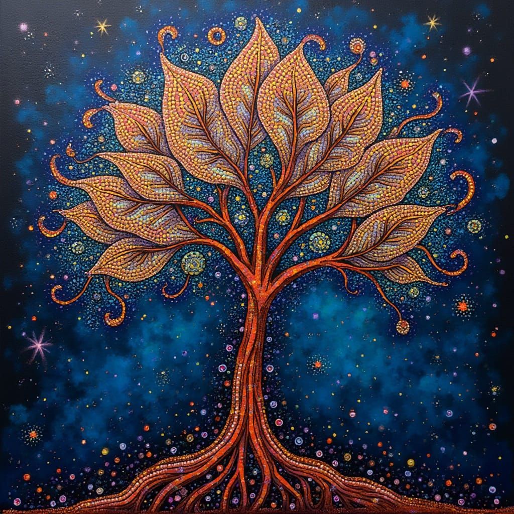 Majestic, Psychedelic Tree of Life in Dark Galaxy Blue and C...
