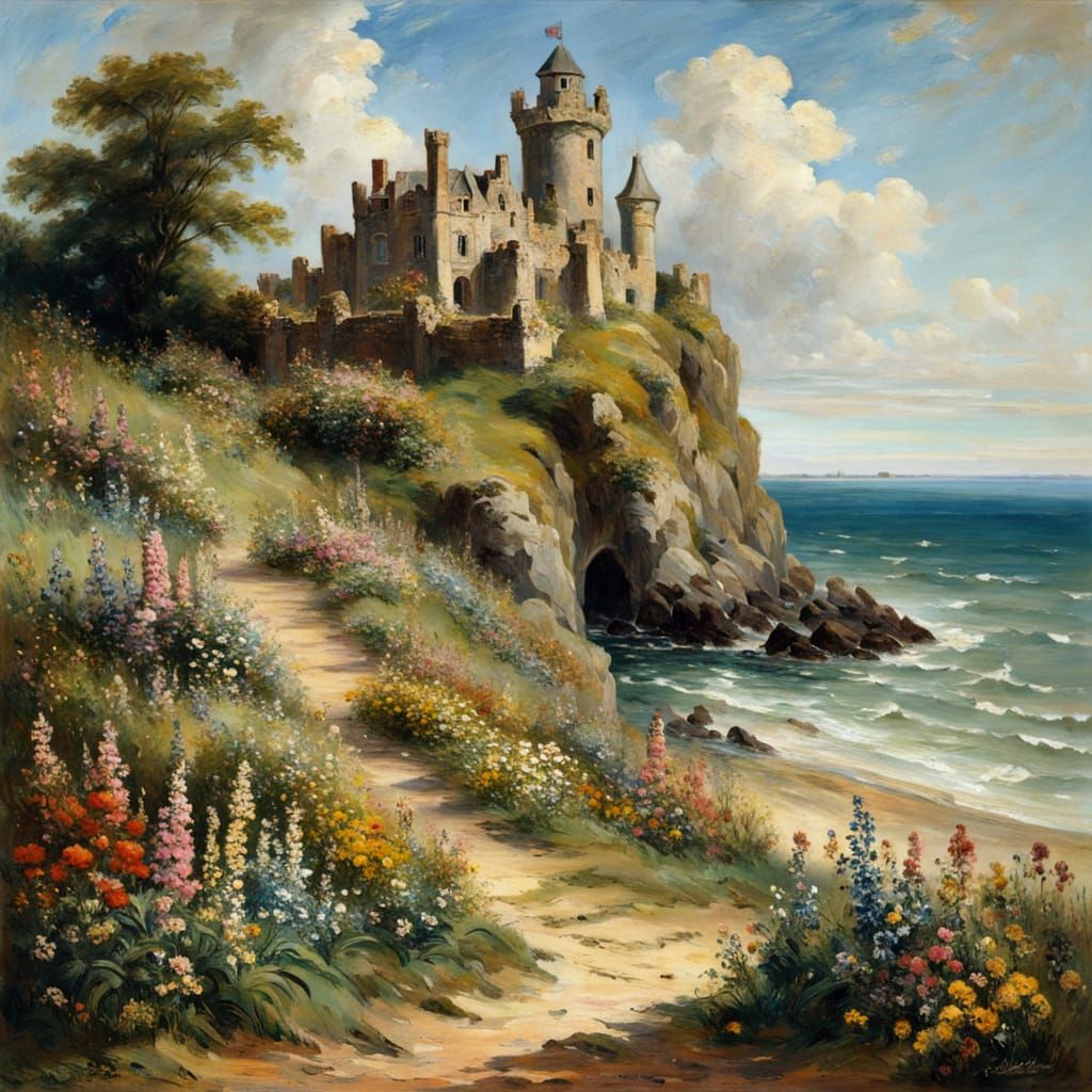 Baroque Seashore Castle with Wildflowers