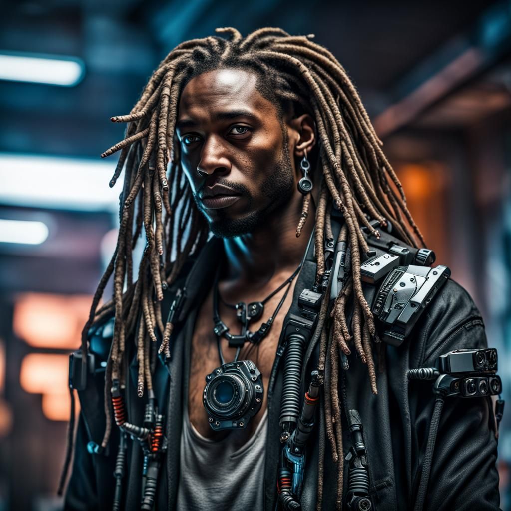 Cyberpunk Cyborg: Black Man with Dreads in HDR